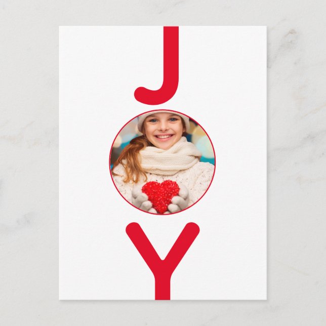 Christmas red white joy photo modern script postcard (Front)
