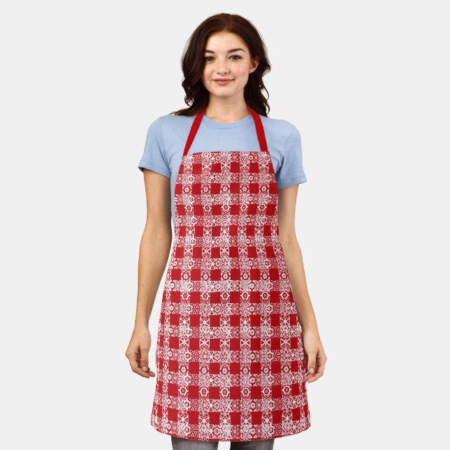 Christmas red white lace plaid vintage farmhouse apron (Worn)