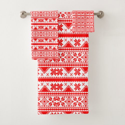 Christmas Red  White Norwegian Sweater Pattern Bath Towel Set