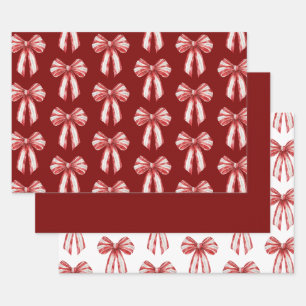 Christmas Red White Peppermint Bows Wrapping Paper Sheets