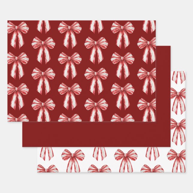 Christmas Red White Peppermint Bows Wrapping Paper Sheets (Set)