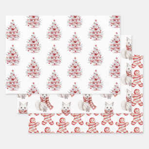 Christmas Red White Peppermint Trees Foxes Cookies Wrapping Paper Sheets