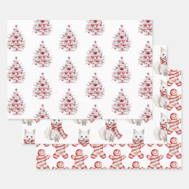 Christmas Red White Peppermint Trees Foxes Cookies Wrapping Paper Sheets (Set)