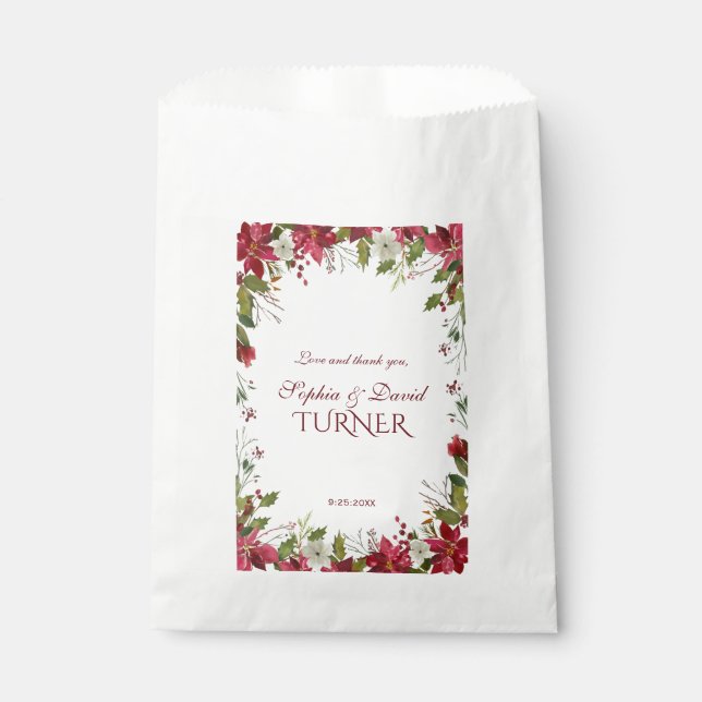 Christmas Red White Poinsettia Frame Wedding Favor Bag (Front)