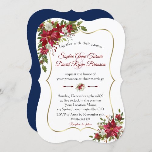 Christmas Red White Poinsettia Gold Navy Wedding Invitation