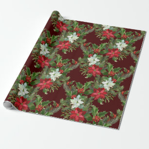 Christmas Red & White Poinsettia, Holly Berry Wrapping Paper
