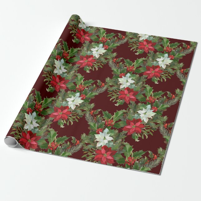 Christmas Red & White Poinsettia, Holly Berry   Wrapping Paper (Unrolled)