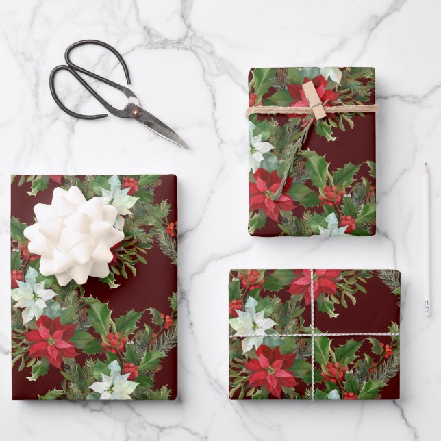 Christmas Red & White Poinsettia, Holly Berry  Wrapping Paper Sheets (Front)