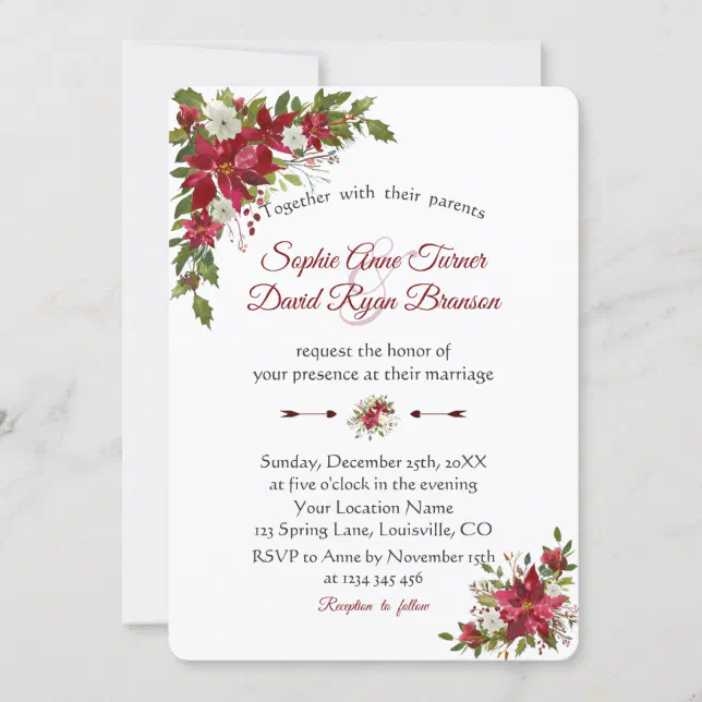 Christmas Red White Poinsettia Wedding Invitation | Zazzle