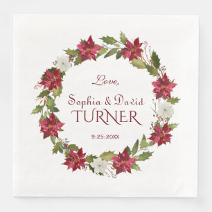 Christmas Red White Poinsettia Wreath Wedding Paper Dinner Napkins