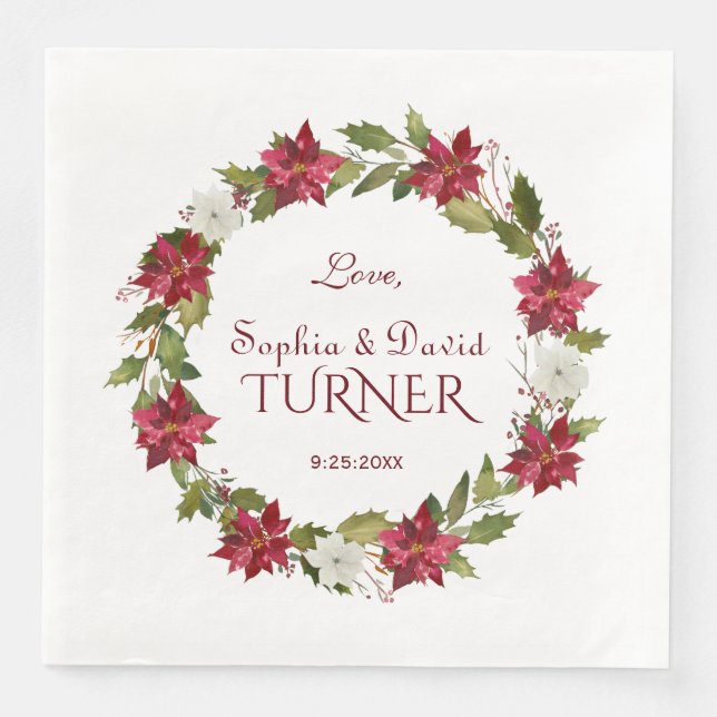 Christmas Red White Poinsettia Wreath Wedding Paper Dinner Napkins (Front)