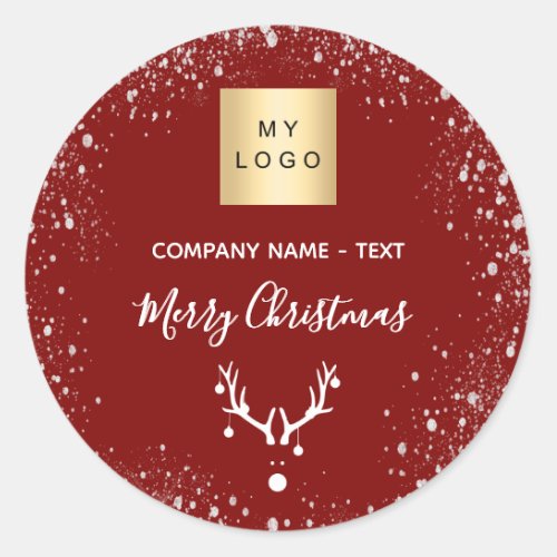 Christmas red white reindeer business logo  classic round sticker