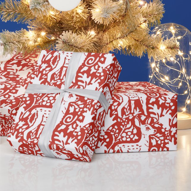 Christmas Red White Reindeer Fawn Woodland Winter Wrapping Paper (Holidays)