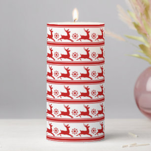 Christmas Red White Reindeer Snowflakes Pattern Pillar Candle