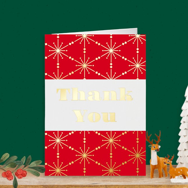 Christmas Red White Snowflake Patterned Modern Letterpress Thank You Card (A Christmas thank you card with snowflake pattern, with gold or silver foil detail)