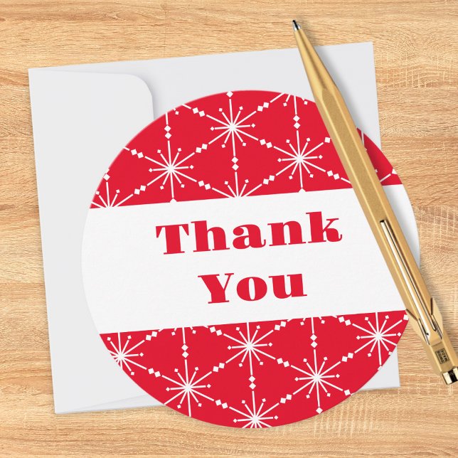 Christmas Red White Snowflake Patterned Modern Thank You Card (A festive Thank You card, round in shape, in red and white with a snowflake pattern)