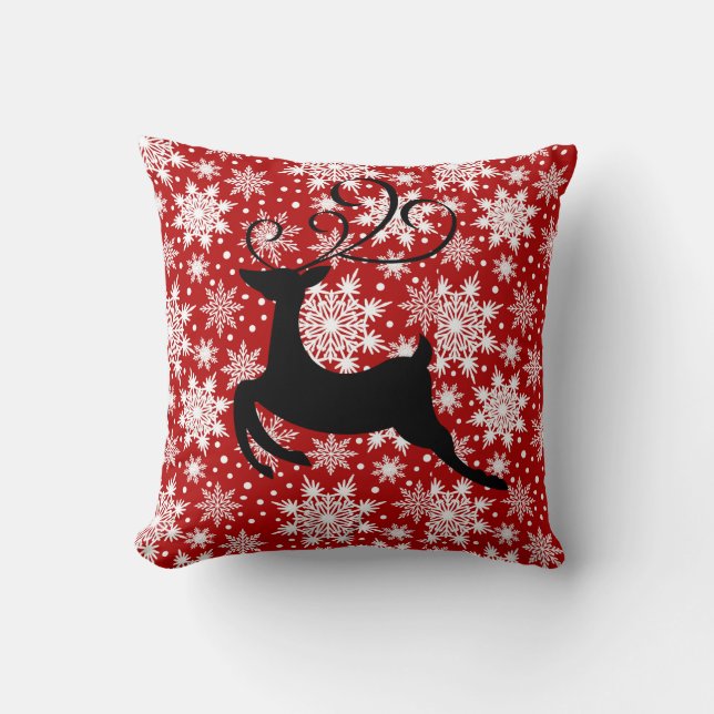 Christmas Red / White Snowflake Reindeer Pillow (Front)