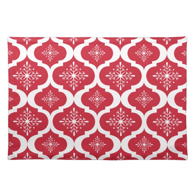 Christmas Red White Snowflakes Lattice Pattern Cloth Placemat (Front)