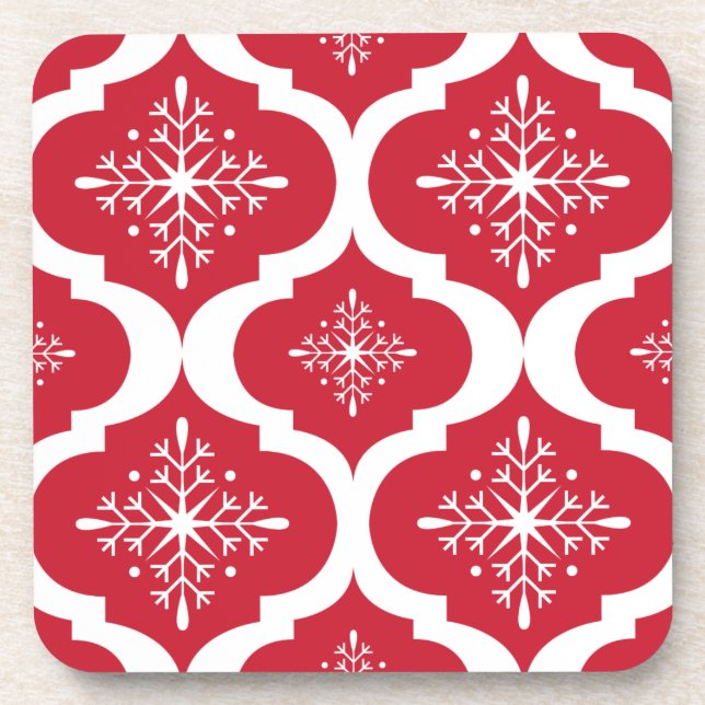 Christmas Red White Snowflakes Lattice Pattern Drink Coaster (Front)