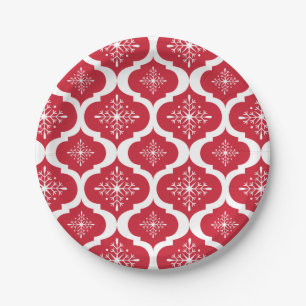 Christmas Red White Snowflakes Lattice Pattern Paper Plates