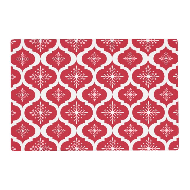Christmas Red White Snowflakes Lattice Pattern Placemat (Front)