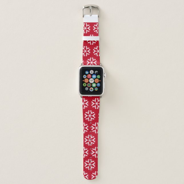 Christmas Red White Snowflakes Pattern Apple Watch Band (Front)