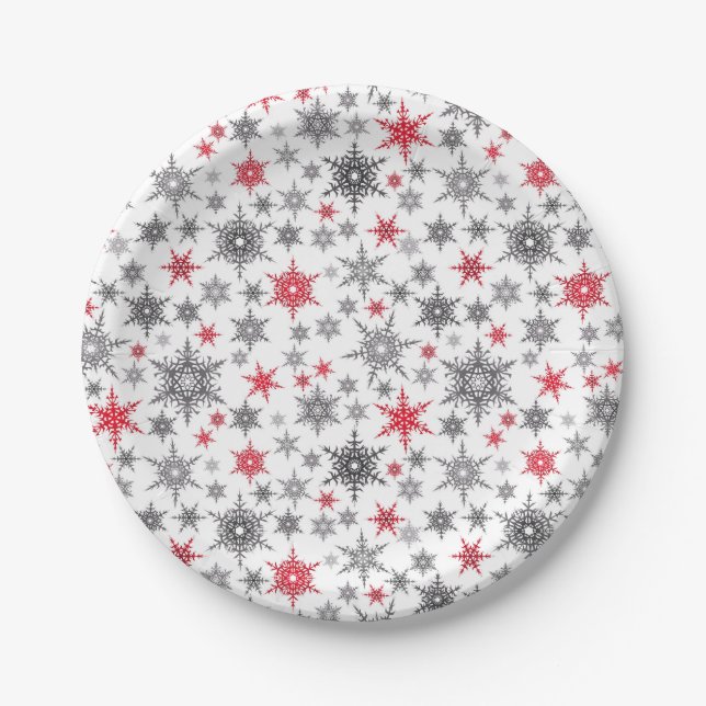 Christmas, red, white, snowflakes, winter, New yea Paper Plates (Front)