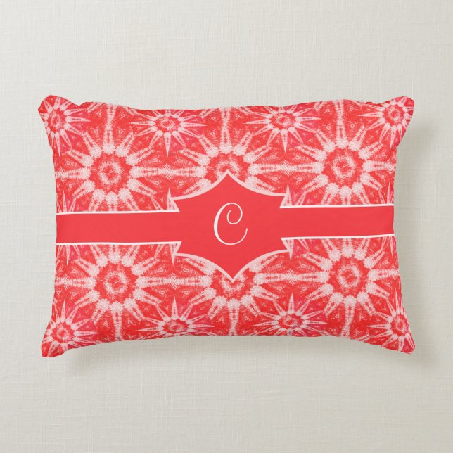 Christmas Red White Starburst Pattern Monogram Accent Pillow (Front)