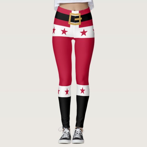 Christmas Red White Stars Belt Santa Claus Womens Leggings