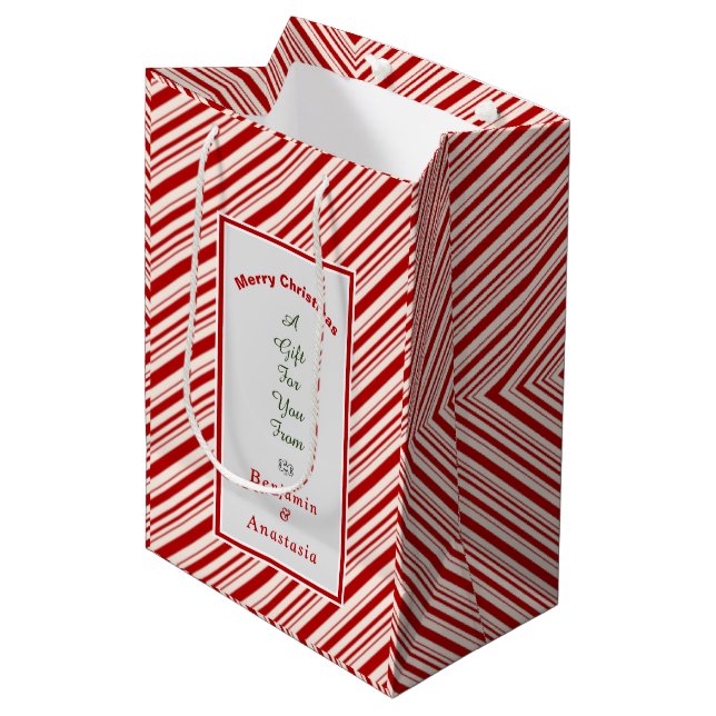 Christmas Red White Stripes Holidays Personalize Medium Gift Bag (Front Angled)