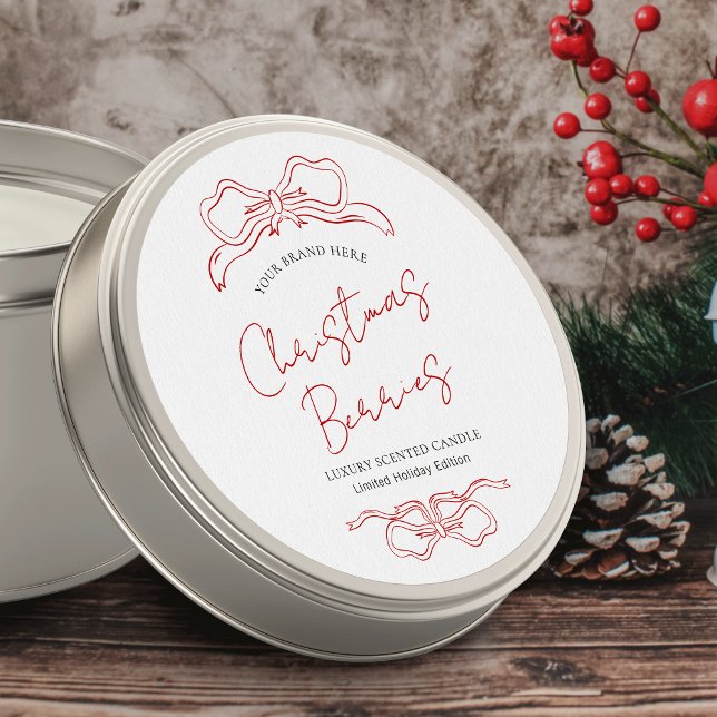 Christmas Red & White Winter Candle Product Label (Modern Christmas round product sticker with hand-drawn ribbons and trendy script fonts)