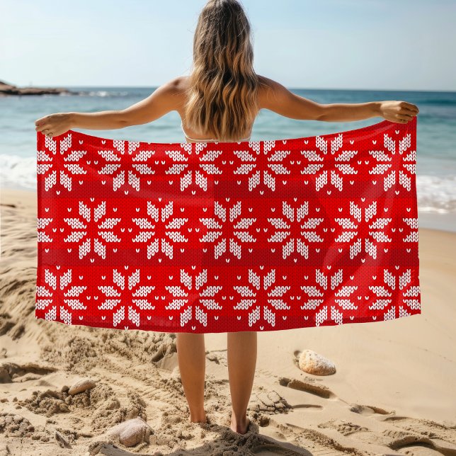 Christmas Red White Winter Holiday Knit Snowflakes Beach Towel (Creator Uploaded)