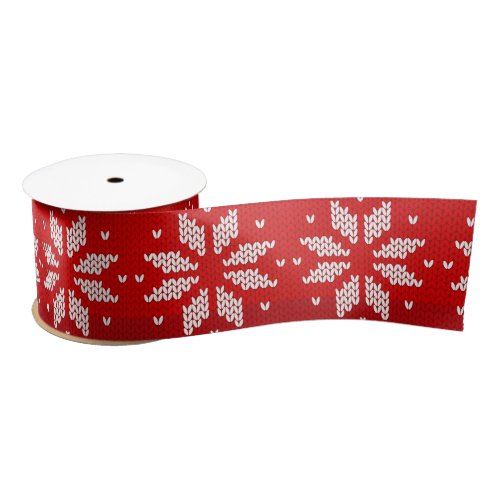 Christmas Red White Winter Holiday Knit Snowflakes Satin Ribbon