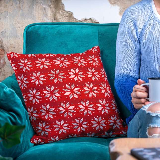 Christmas Red White Winter Holiday Knit Snowflakes Throw Pillow (Creator Uploaded)