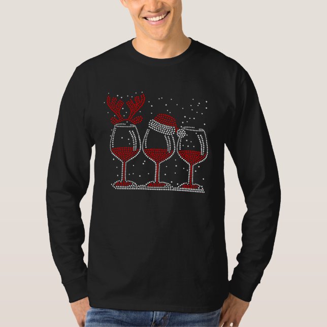 Christmas Red Wine Glass Cute Santa Hat Christmas T-Shirt (Front)