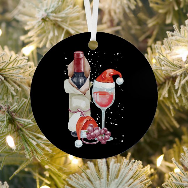 Christmas Red Wine Glass Santa Hat Metal Ornament (Insitu)