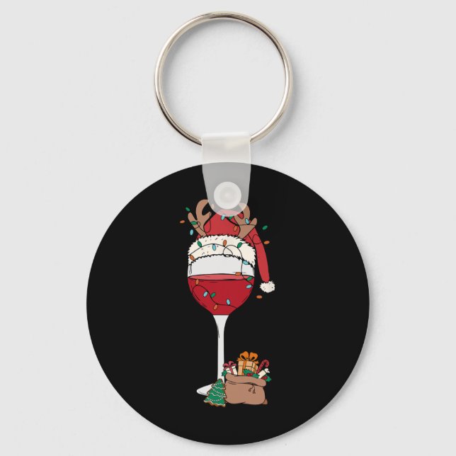 Christmas Red Wine Glass Santa Hat Reindeer Fun Xm Keychain (Front)