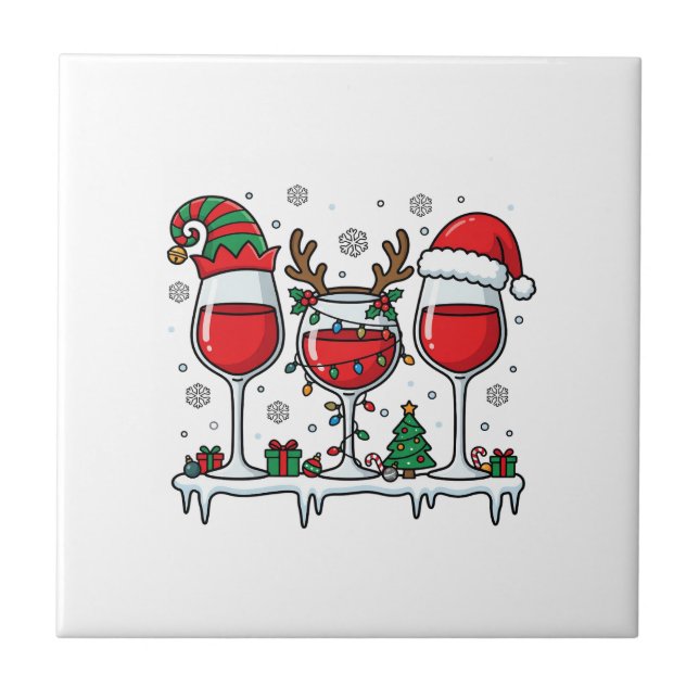 Christmas Red Wine Glasses Holiday Vector Ceramic Tile (Front)