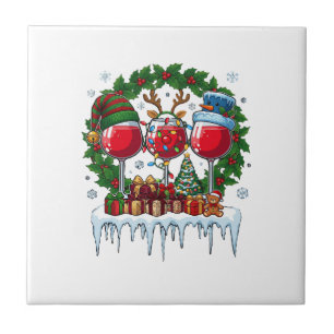 Christmas Red Wine Glasses Holly Wreath Snowman Ha Ceramic Tile