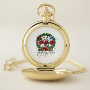 Christmas Red Wine Glasses Holly Wreath Snowman Ha Pocket Watch