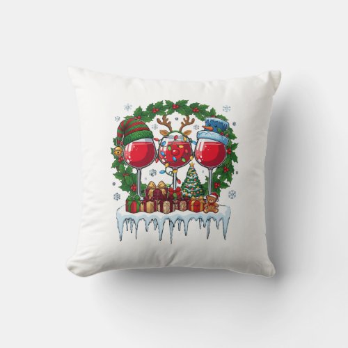 Christmas Red Wine Glasses Holly Wreath Snowman Ha Throw Pillow