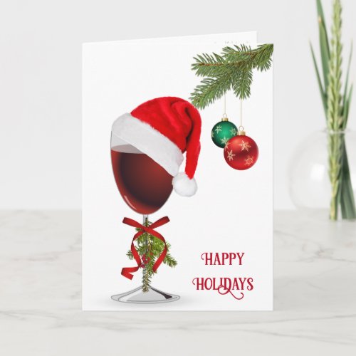 Christmas Red Wine With Santa Hat  Card