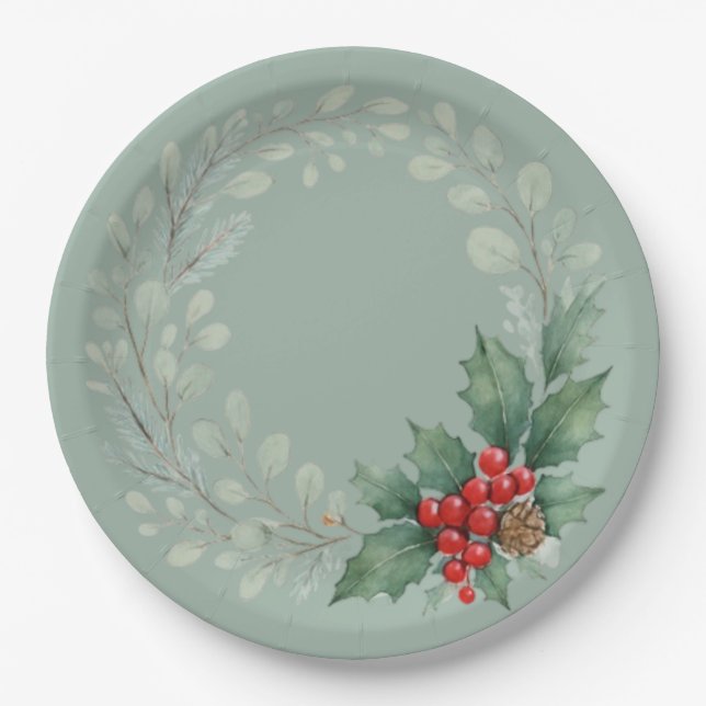 Christmas red winter berries and greenery paper plates (Front)