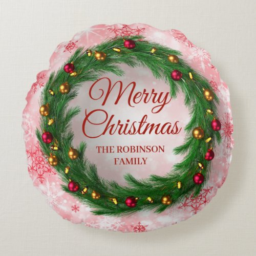 Christmas Red Winter Sparkle Festive Wreath Round Pillow
