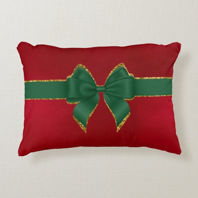 CHRISTMAS RED WITH GREEN & GOLD HOLIDAY BOW ACCENT PILLOW (Front)