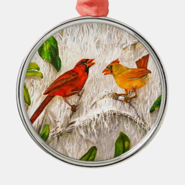Christmas Redbirds. Singing of love Metal Ornament (Front)