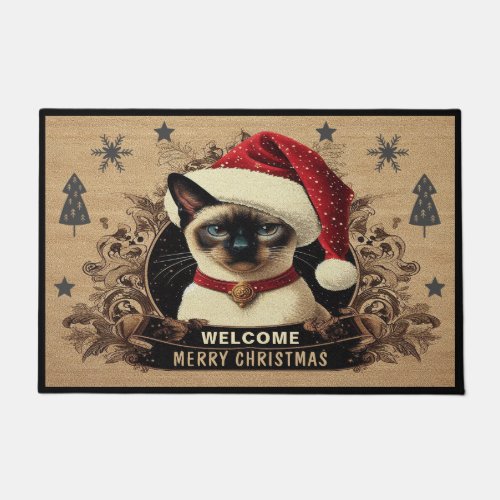 Christmas regal Siamese Cat Santa Kitten Welcome Doormat