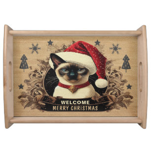 Christmas regal Siamese Cat, Santa Kitten Welcome Serving Tray