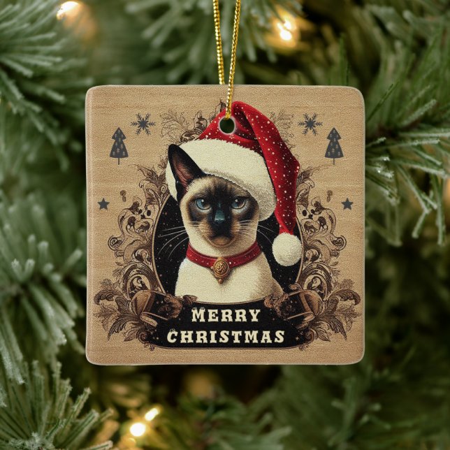 Christmas regal Siamese Cat, Xmas Santa Kitten Ceramic Ornament (Tree)