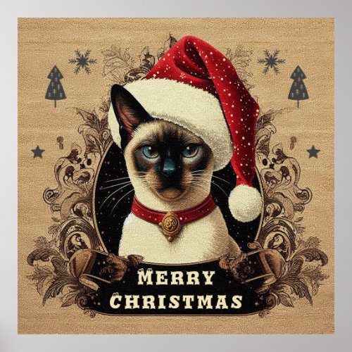 Christmas regal Siamese Cat Xmas Santa Kitten Poster